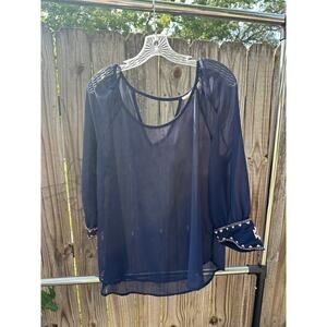 Navy Blue Sheer Embroidered Blouse – Sweet Journey – Size L